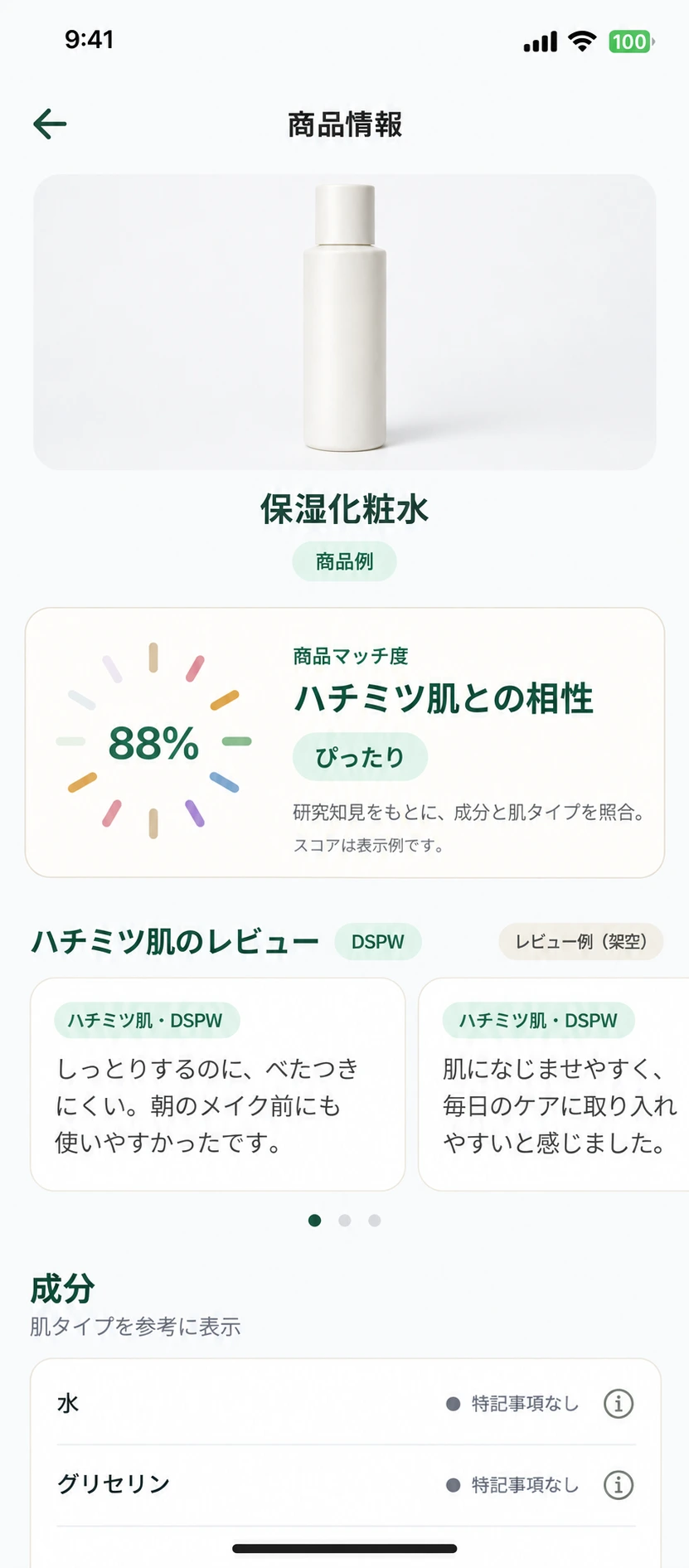 保湿化粧水とハチミツ肌のマッチ度88％、架空のレビュー例、成分一覧を表示するアプリ画面例